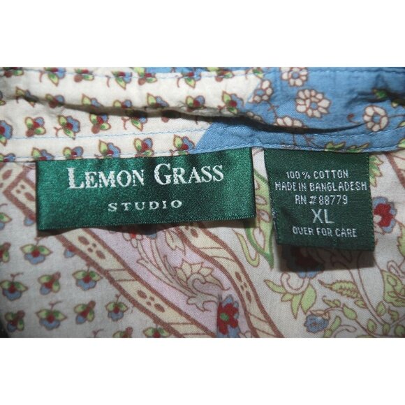 Lemon Grass Patchwork Ladies Blouse Top Size XL Button Up Gannycore Artsy Hippie - Picture 7 of 7